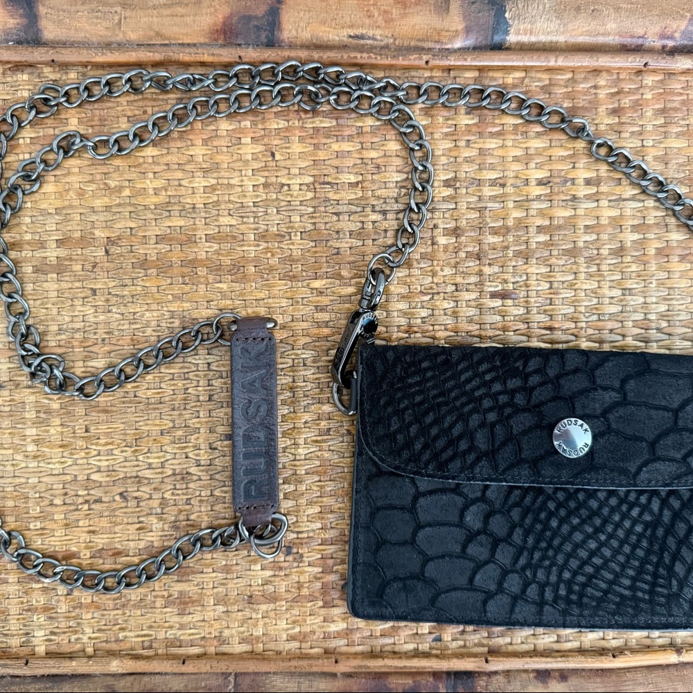 Rudsak Black Suede, Snake Embossed, Woman’s Wallet with Black/Pewter Metal Chain